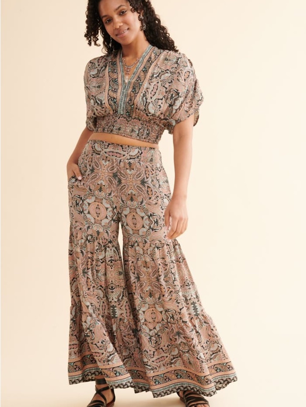 Boho High-Waist Flared Pants in Blush Paisley